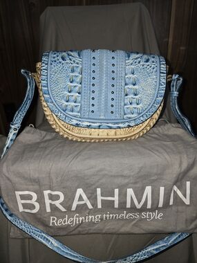 Brahmin Sky Blue & Cream Crossbody Saddle Bag